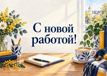 Открытка с новой работой: рабочий стол у окна с блокнотом, чашкой кофе и букетом