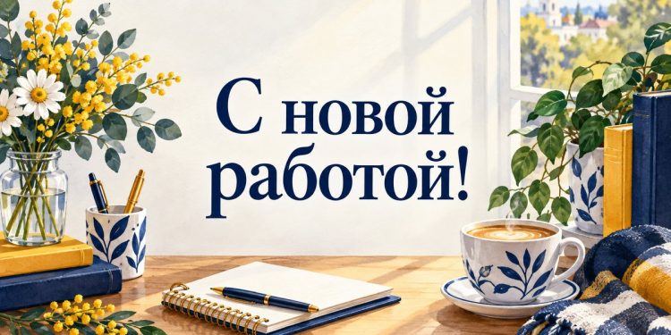 Открытка с новой работой: рабочий стол у окна с блокнотом, чашкой кофе и букетом