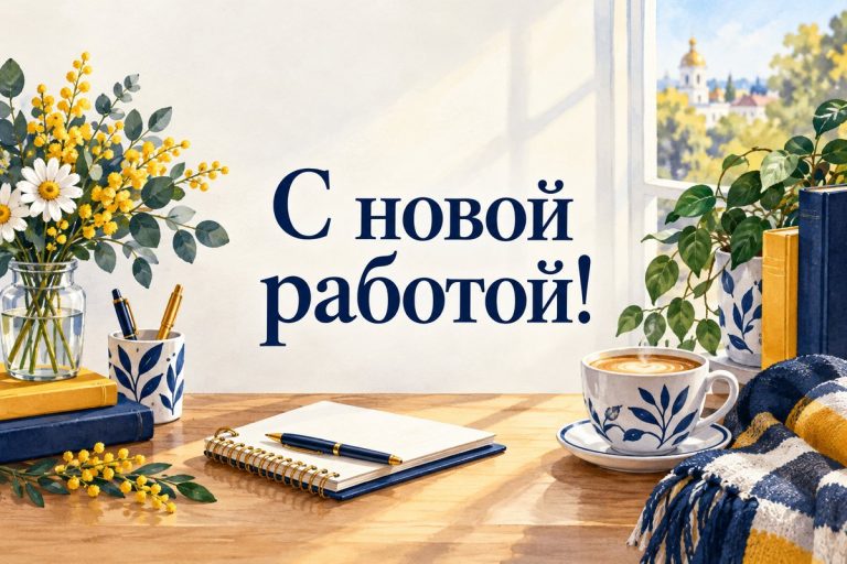 Открытка с новой работой: рабочий стол у окна с блокнотом, чашкой кофе и букетом