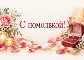 Открытка с помолвкой: кольцо в бархатной коробочке среди лепестков роз