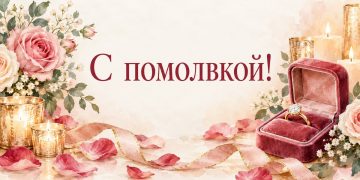 Открытка с помолвкой: кольцо в бархатной коробочке среди лепестков роз