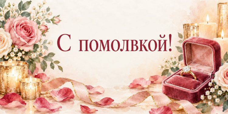 Открытка с помолвкой: кольцо в бархатной коробочке среди лепестков роз