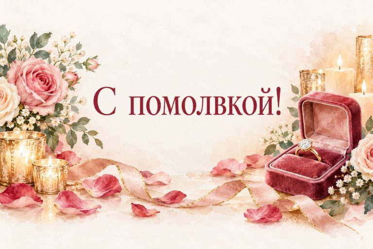 Открытка с помолвкой: кольцо в бархатной коробочке среди лепестков роз