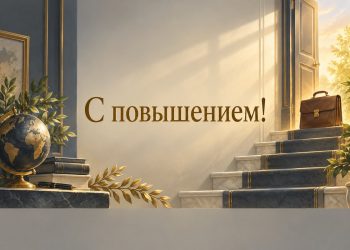 Открытка с повышением: лестница к светлой двери и портфель