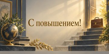 Открытка с повышением: лестница к светлой двери и портфель