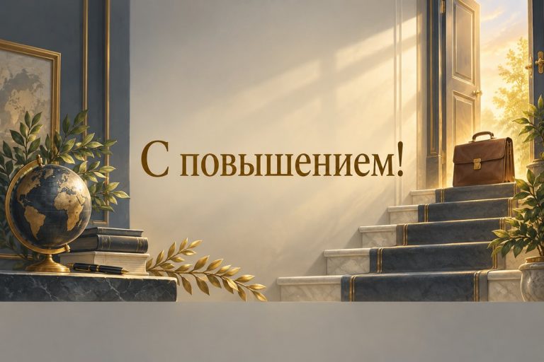 Открытка с повышением: лестница к светлой двери и портфель