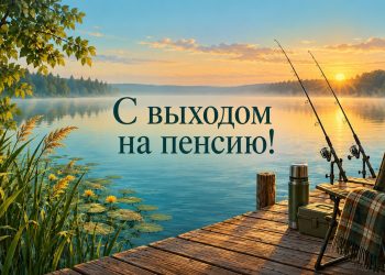 Открытка с выходом на пенсию: деревянный причал на озере с удочками на рассвете