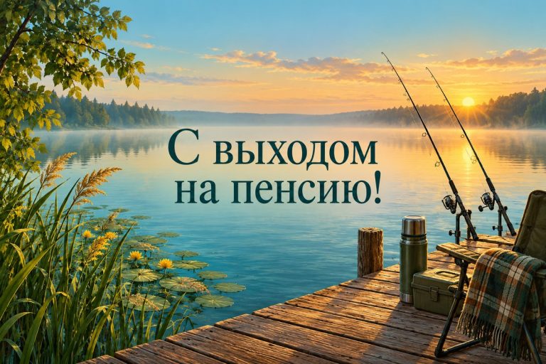 Открытка с выходом на пенсию: деревянный причал на озере с удочками на рассвете