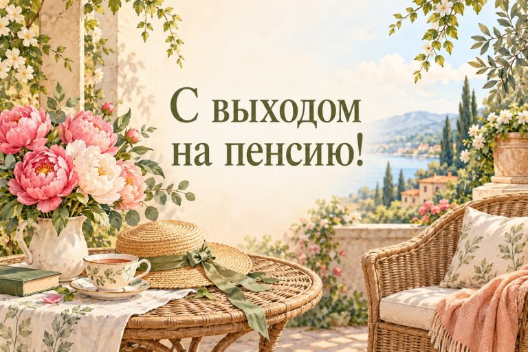 Открытка с выходом на пенсию: веранда с пионами, соломенной шляпой и чаем
