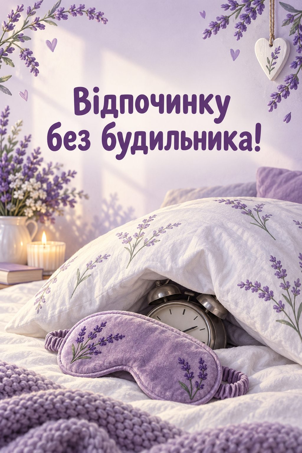 Прикольна листівка з днем народження: будильник під подушкою й маска для сну, напис «Відпочинку без будильника!»