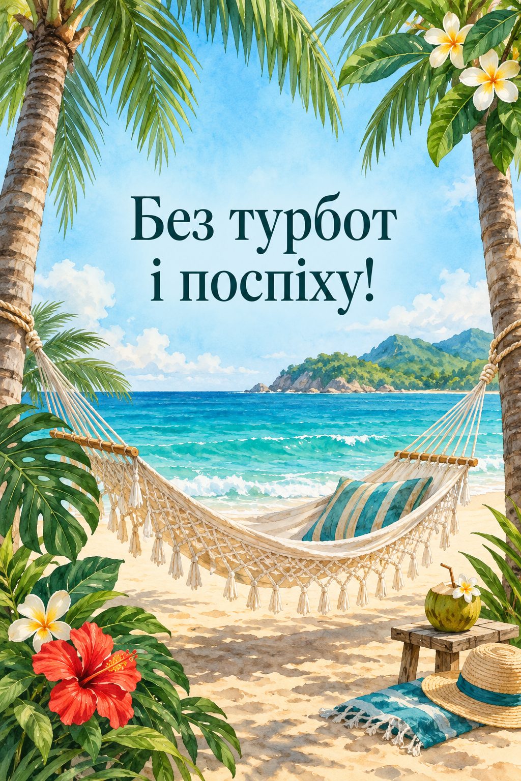 Прикольна листівка з днем народження: гамак між пальмами на сонячному пляжі, напис «Без турбот і поспіху!»
