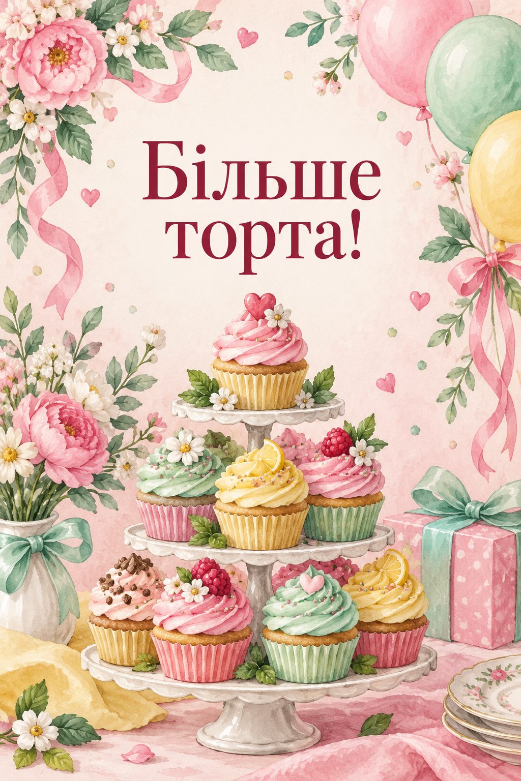Прикольна листівка з днем народження: висока вежа з різнокольорових капкейків, напис «Більше торта!»