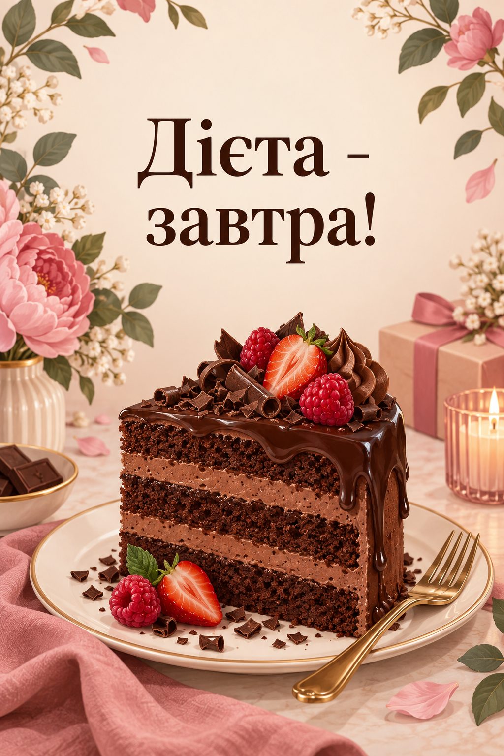 Прикольна листівка з днем народження: величезний шматок шоколадного торта з виделкою, напис «Дієта - завтра!»