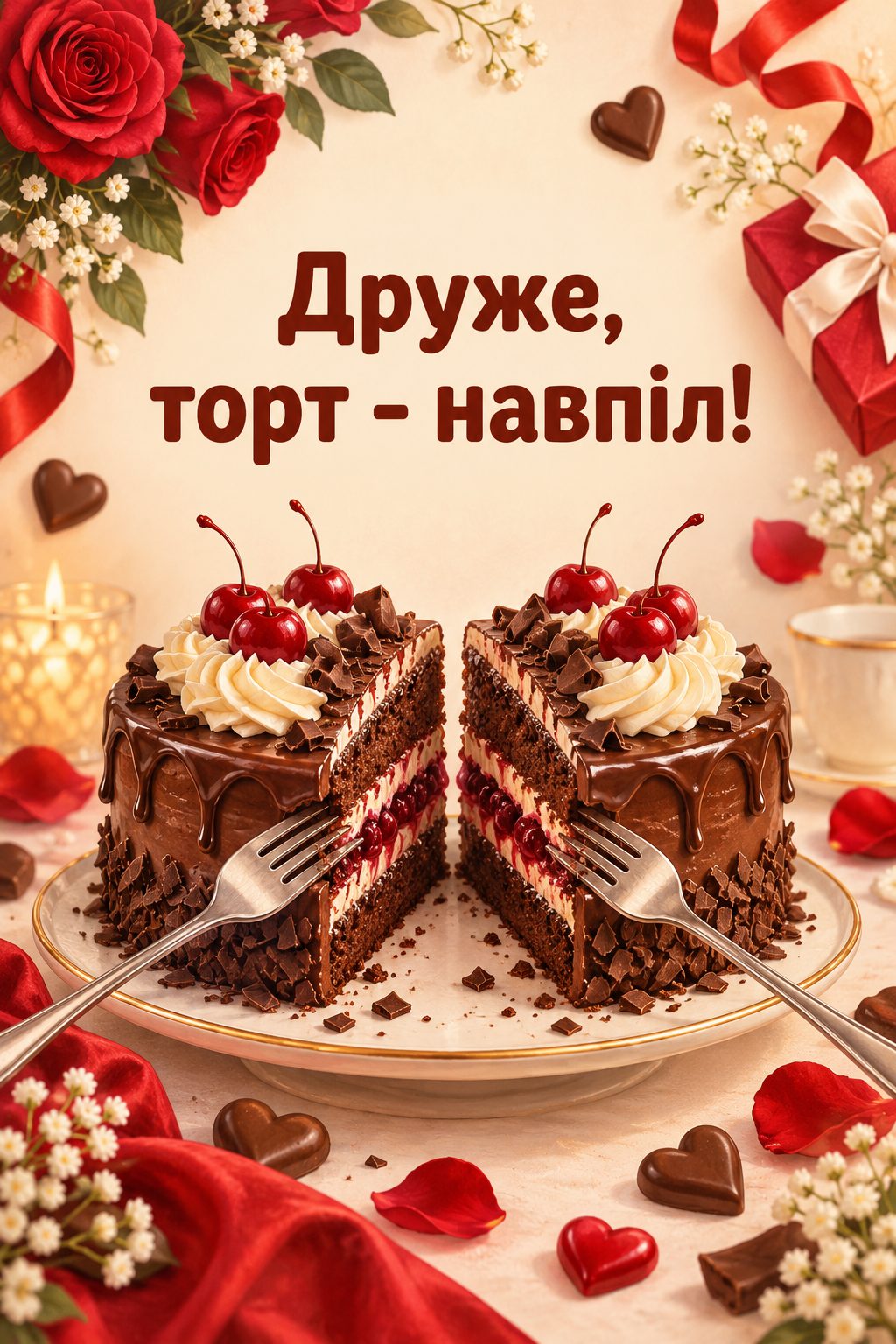 Прикольна листівка з днем народження: торт, розрізаний навпіл, і дві виделки, напис «Друже, торт - навпіл!»