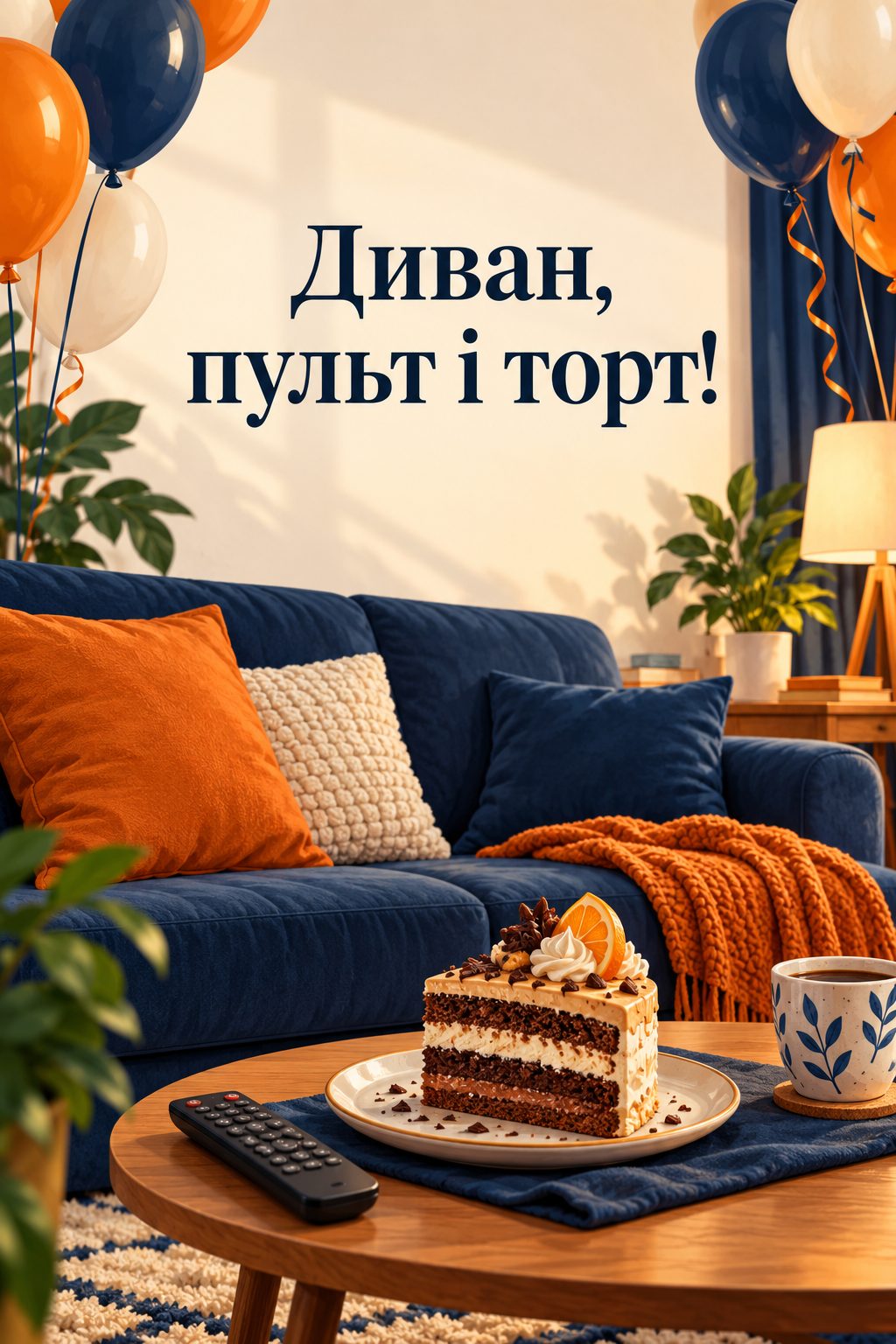 Прикольна листівка з днем народження: диван, пульт від телевізора й шматок торта, напис «Диван, пульт і торт!»
