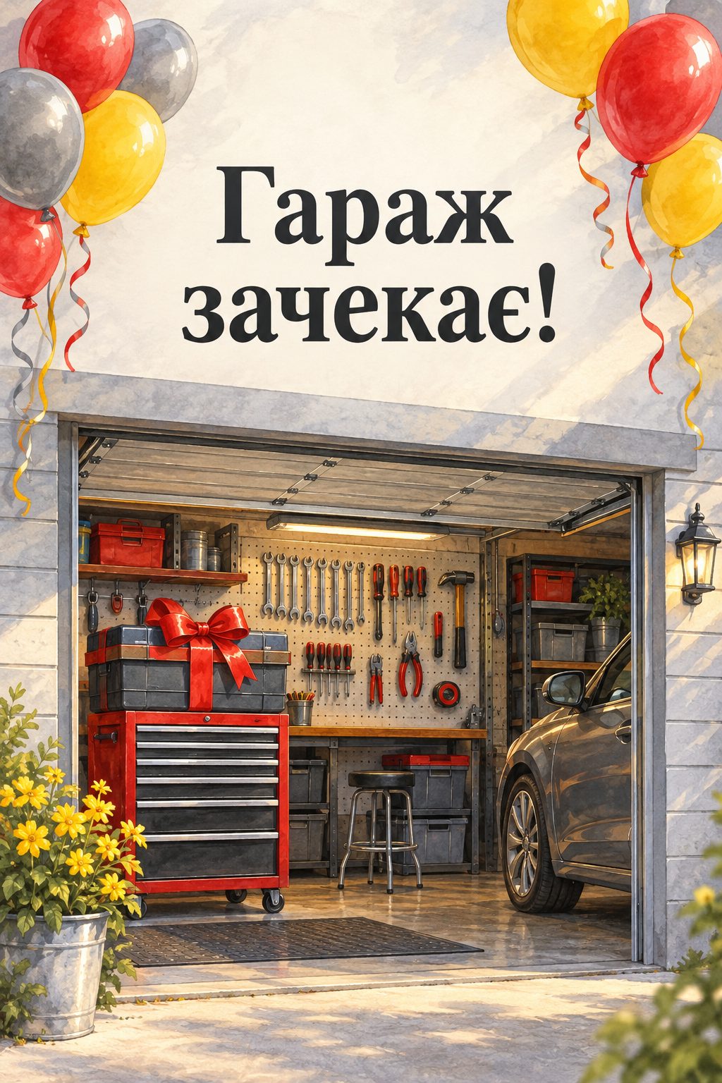 Прикольна листівка з днем народження: гараж з інструментами, ящик із бантом і кульки, напис «Гараж зачекає!»