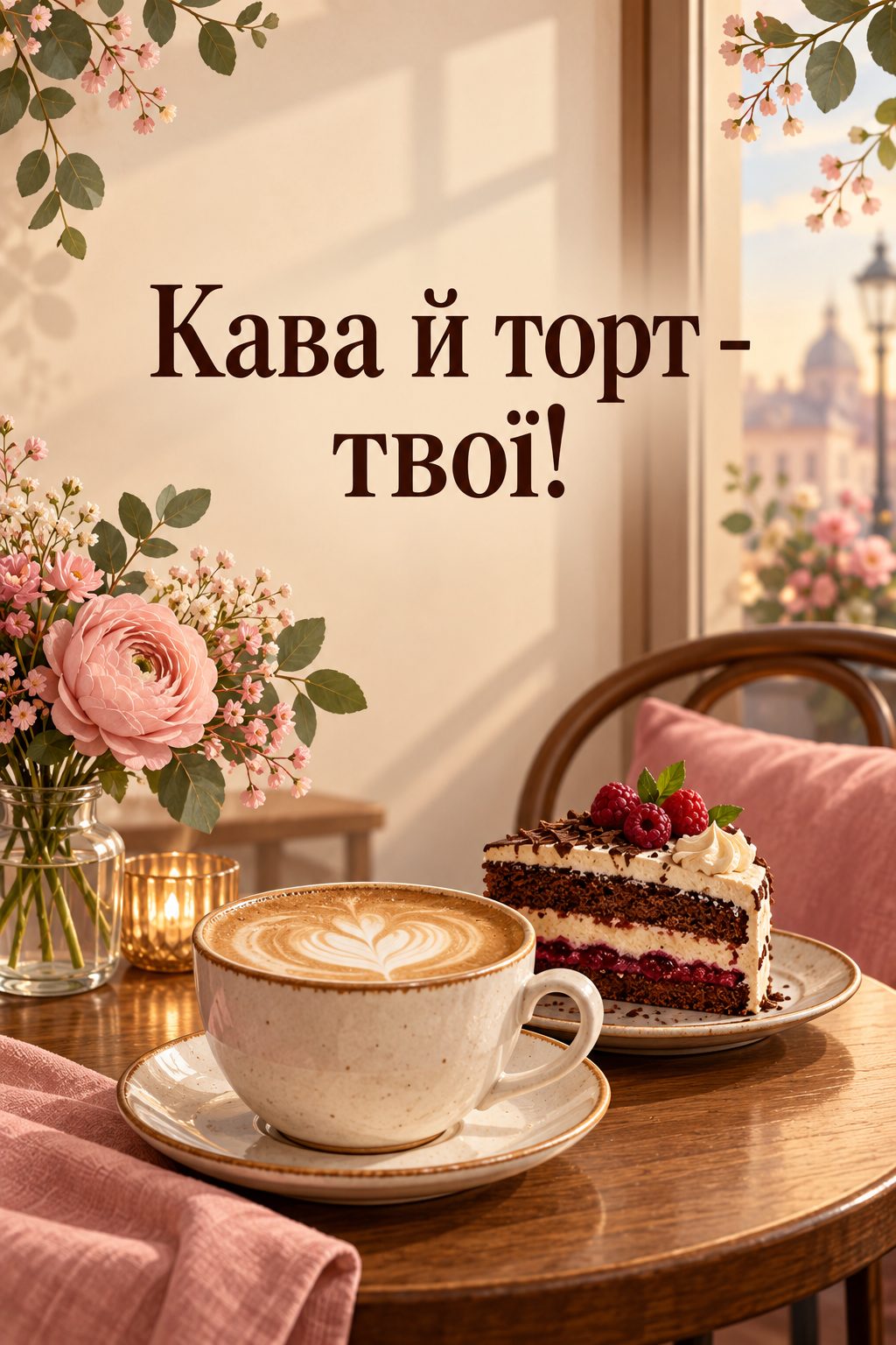 Прикольна листівка з днем народження: капучино й шматок торта на столику кав'ярні, напис «Кава й торт - твої!»