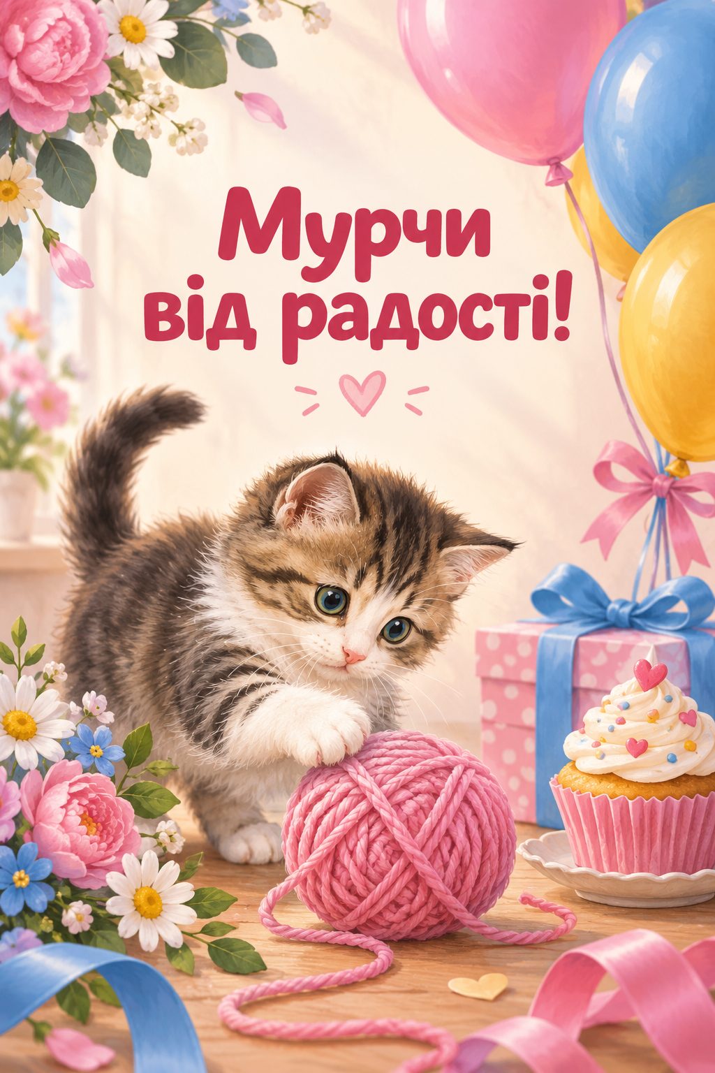 Прикольна листівка з днем народження: кошеня грається клубком біля кульок і капкейка, напис «Мурчи від радості!»