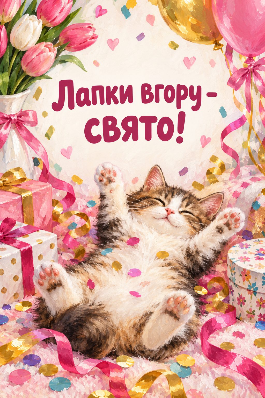 Прикольна листівка з днем народження: кіт лежить на спині серед конфеті й серпантину, напис «Лапки вгору - свято!»