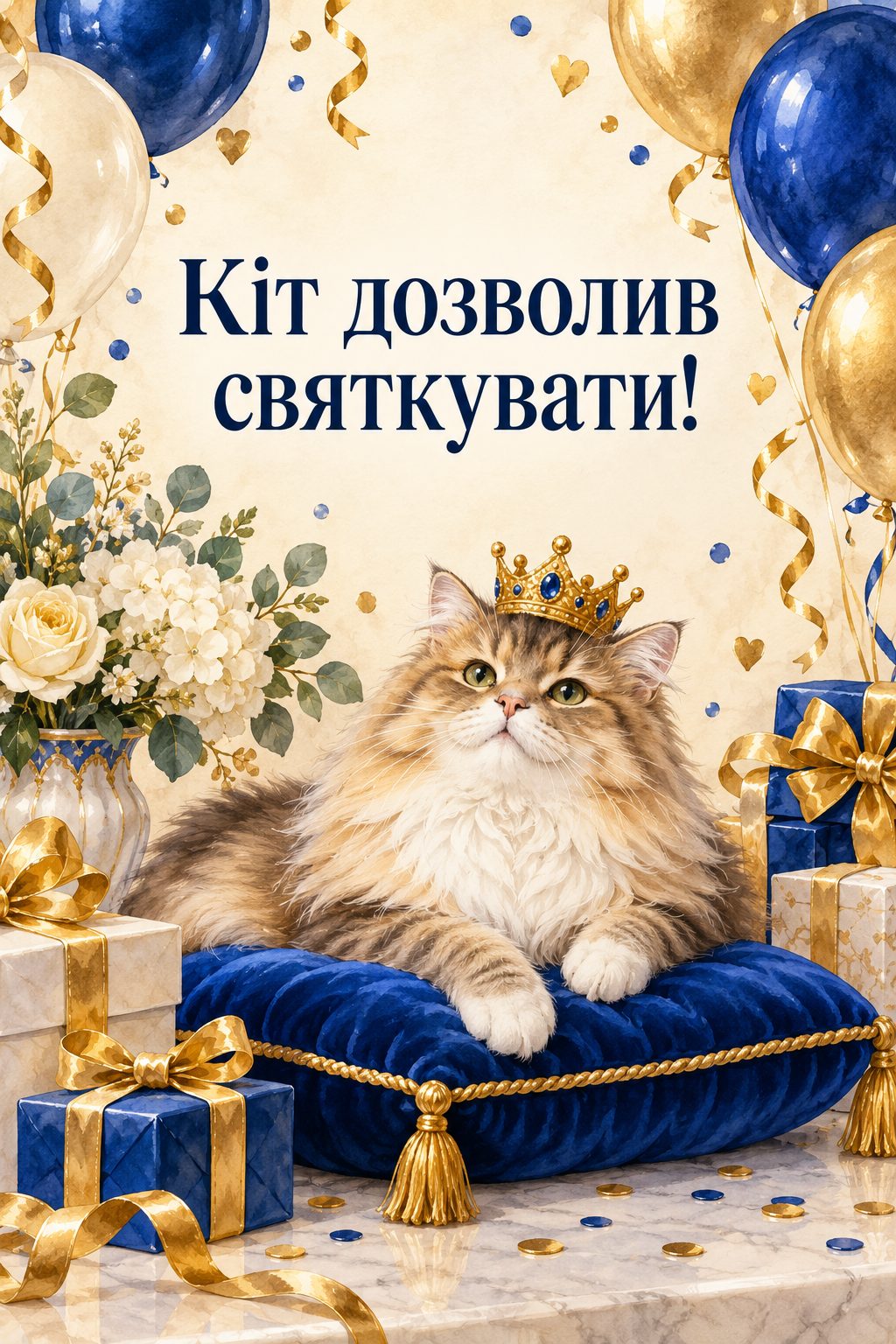 Прикольна листівка з днем народження: пухнастий кіт у маленькій короні на оксамитовій подушці, напис «Кіт дозволив святкувати!»