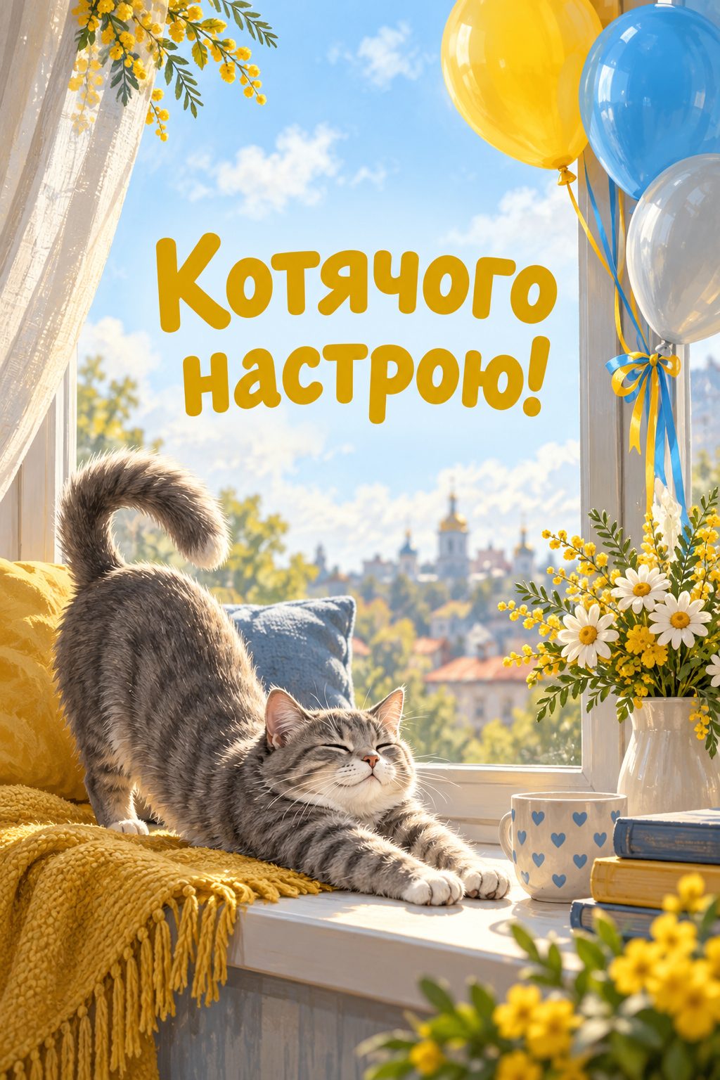 Прикольна листівка з днем народження: кіт солодко потягується на сонячному підвіконні з кульками, напис «Котячого настрою!»