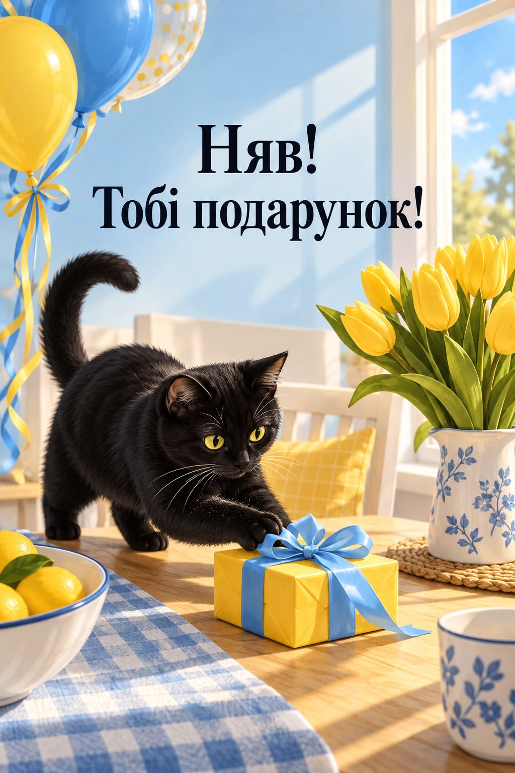 Прикольна листівка з днем народження: чорний кіт штовхає маленький подарунок по столу, напис «Няв! Тобі подарунок!»