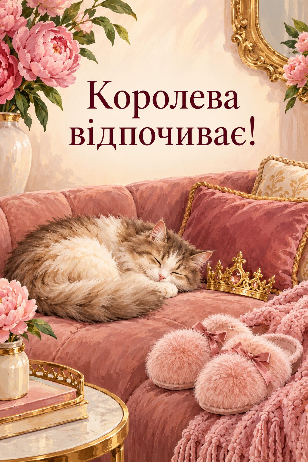 Прикольна листівка з днем народження: корона на диванній подушці, пухнасті капці й сонний кіт, напис «Королева відпочиває!»