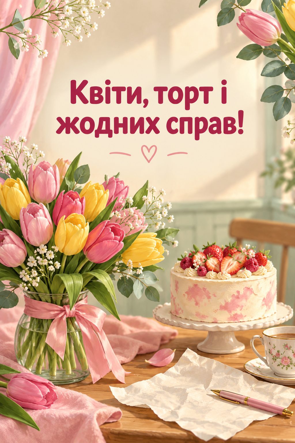 Прикольна листівка з днем народження: тюльпани й торт, а зім'ятий список справ відкладено, напис «Квіти, торт і жодних справ!»