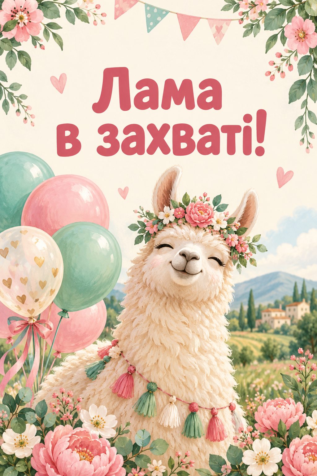 Прикольна листівка з днем народження: пухнаста лама у віночку з кульками, напис «Лама в захваті!»