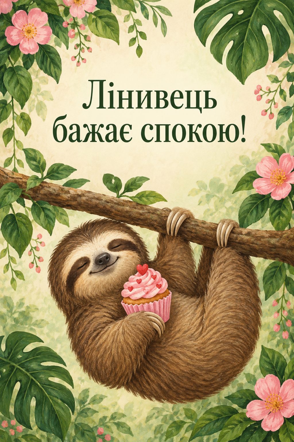 Прикольна листівка з днем народження: лінивець висить на гілці з капкейком, напис «Лінивець бажає спокою!»