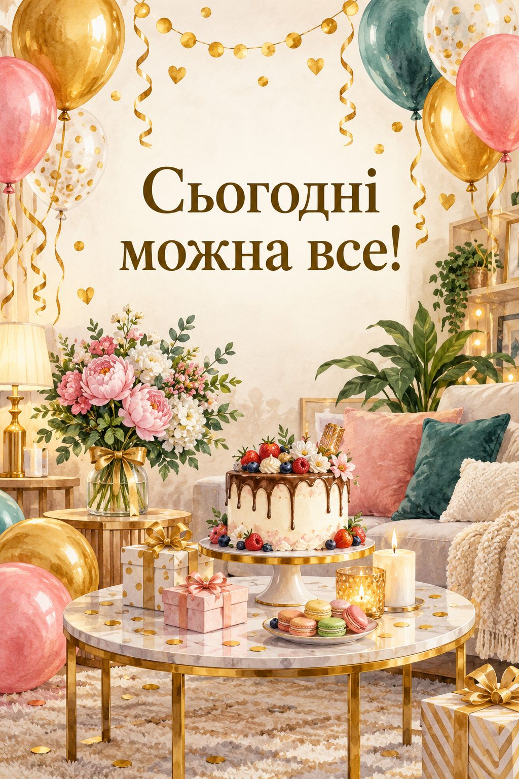 Прикольна листівка з днем народження: вітальня, повна кульок, серпантину й з тортом, напис «Сьогодні можна все!»