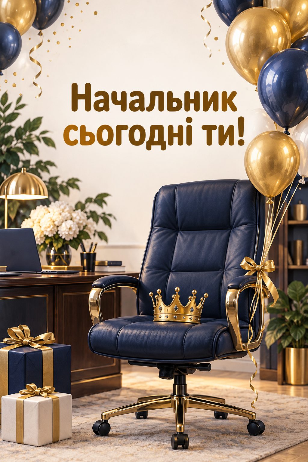 Прикольна листівка з днем народження: офісне крісло з короною й кульками, напис «Начальник сьогодні ти!»