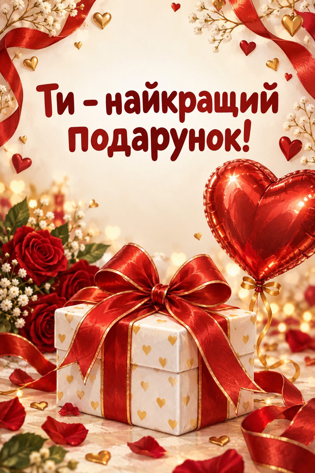 Прикольна листівка з днем народження: подарунок із бантом і кулька-серце, напис «Ти - найкращий подарунок!»