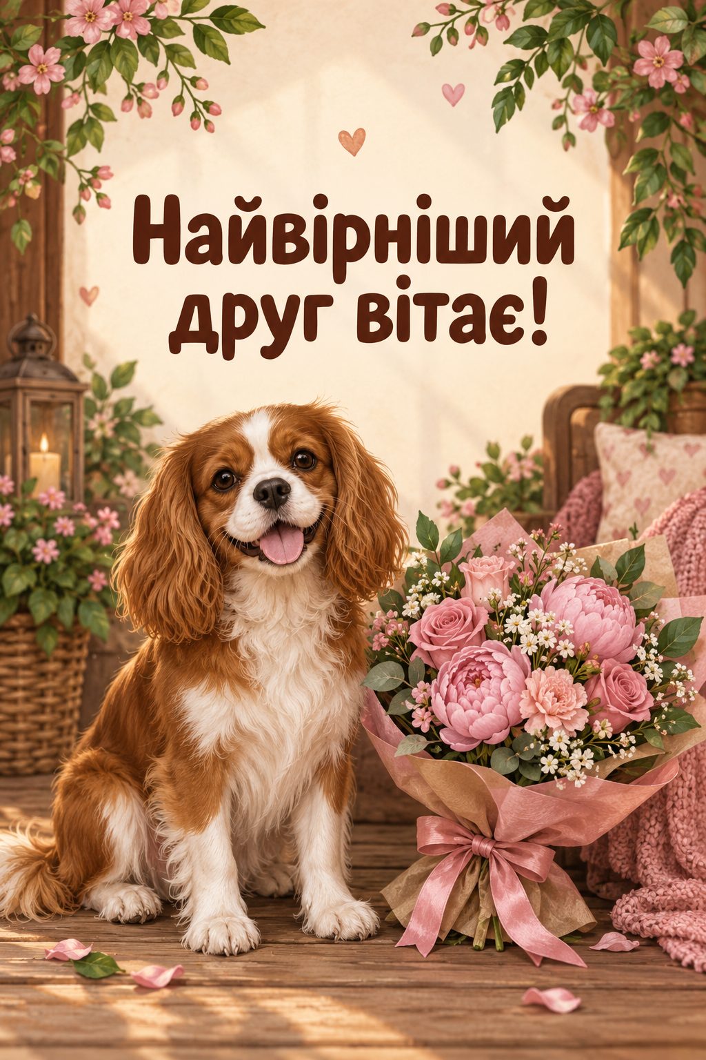 Прикольна листівка з днем народження: пес чемно сидить поруч із букетом квітів, напис «Найвірніший друг вітає!»