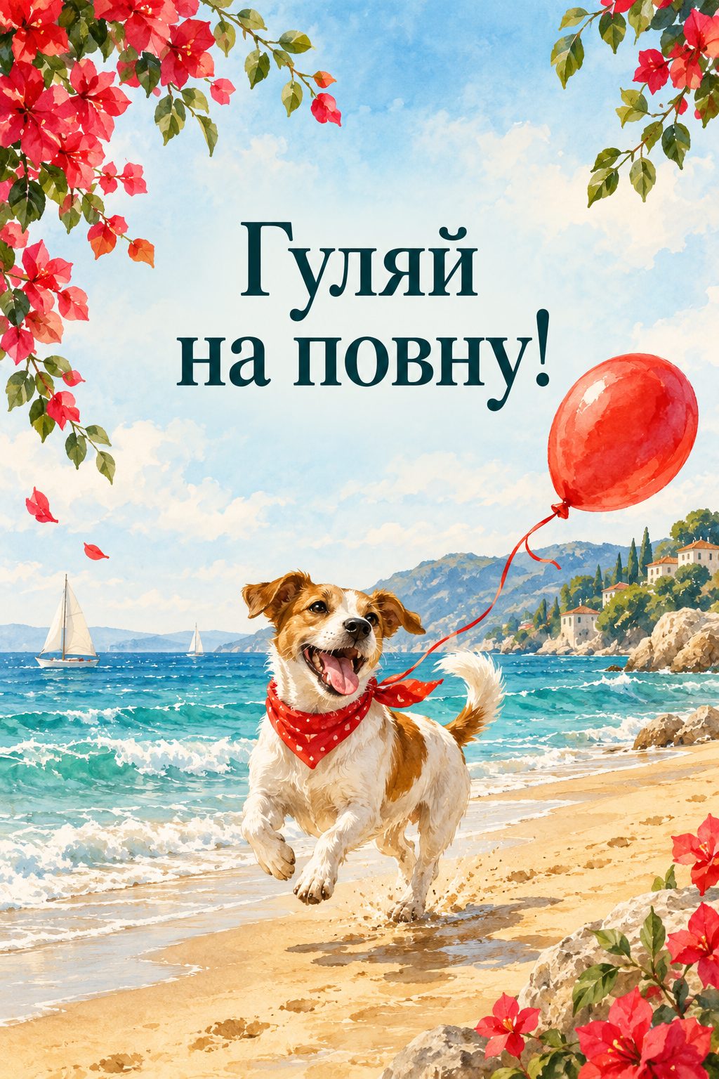 Прикольна листівка з днем народження: пес радісно біжить пляжем із кулькою, напис «Гуляй на повну!»
