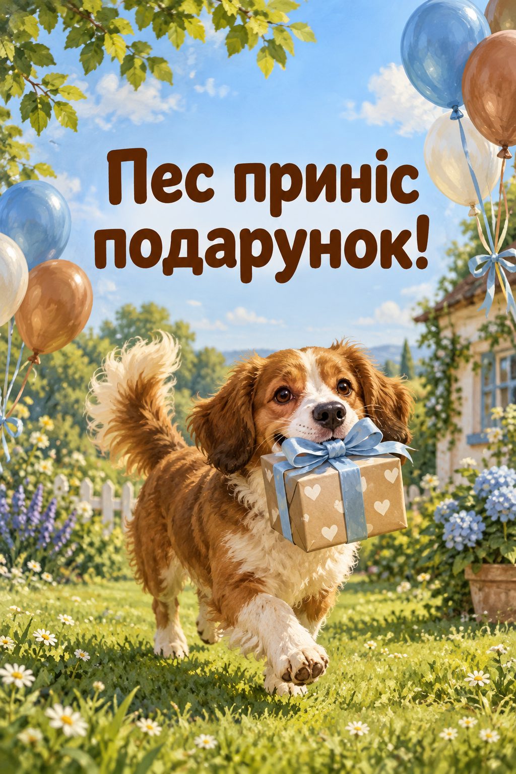Прикольна листівка з днем народження: пес несе в зубах подарунок із бантом, напис «Пес приніс подарунок!»