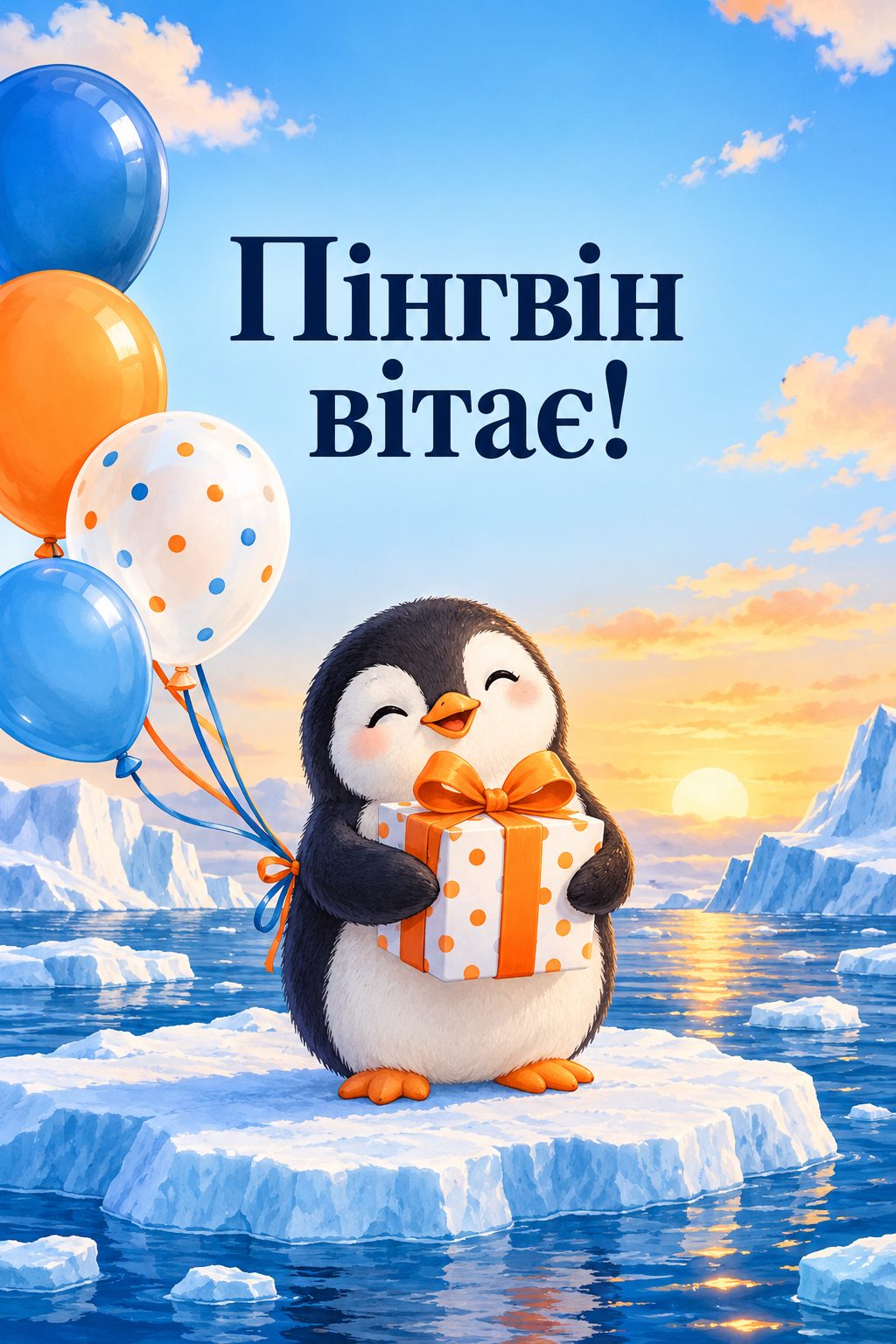 Прикольна листівка з днем народження: маленький пінгвін із подарунком на крижині, напис «Пінгвін вітає!»