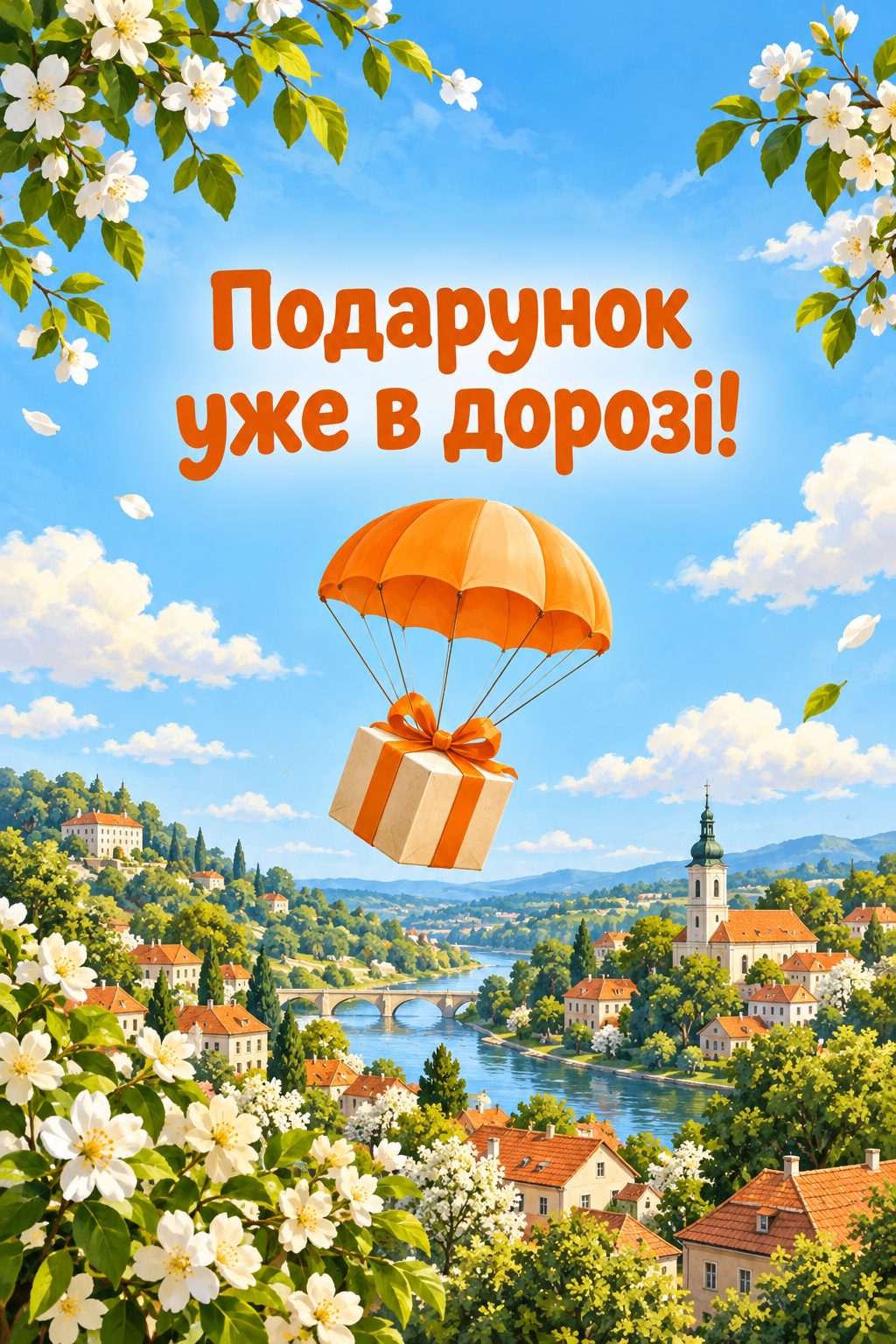 Прикольна листівка з днем народження: подарунок спускається на парашуті над містечком, напис «Подарунок уже в дорозі!»