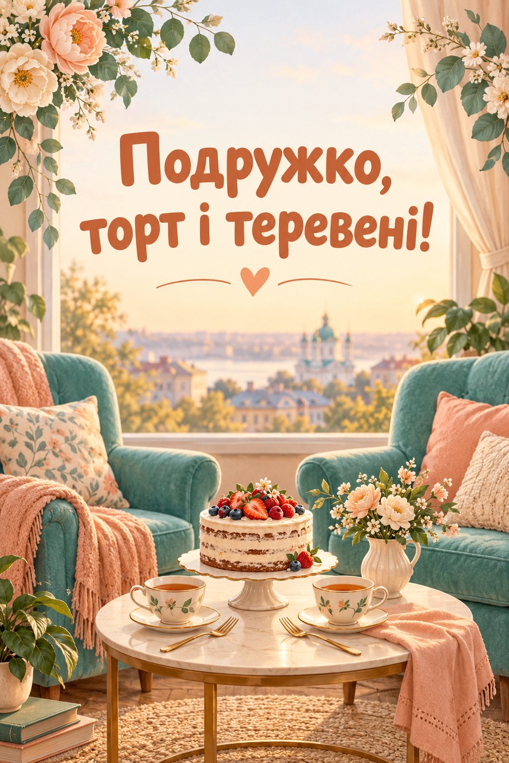Прикольна листівка з днем народження: дві чашки чаю, торт із двома виделками й два крісла, напис «Подружко, торт і теревені!»