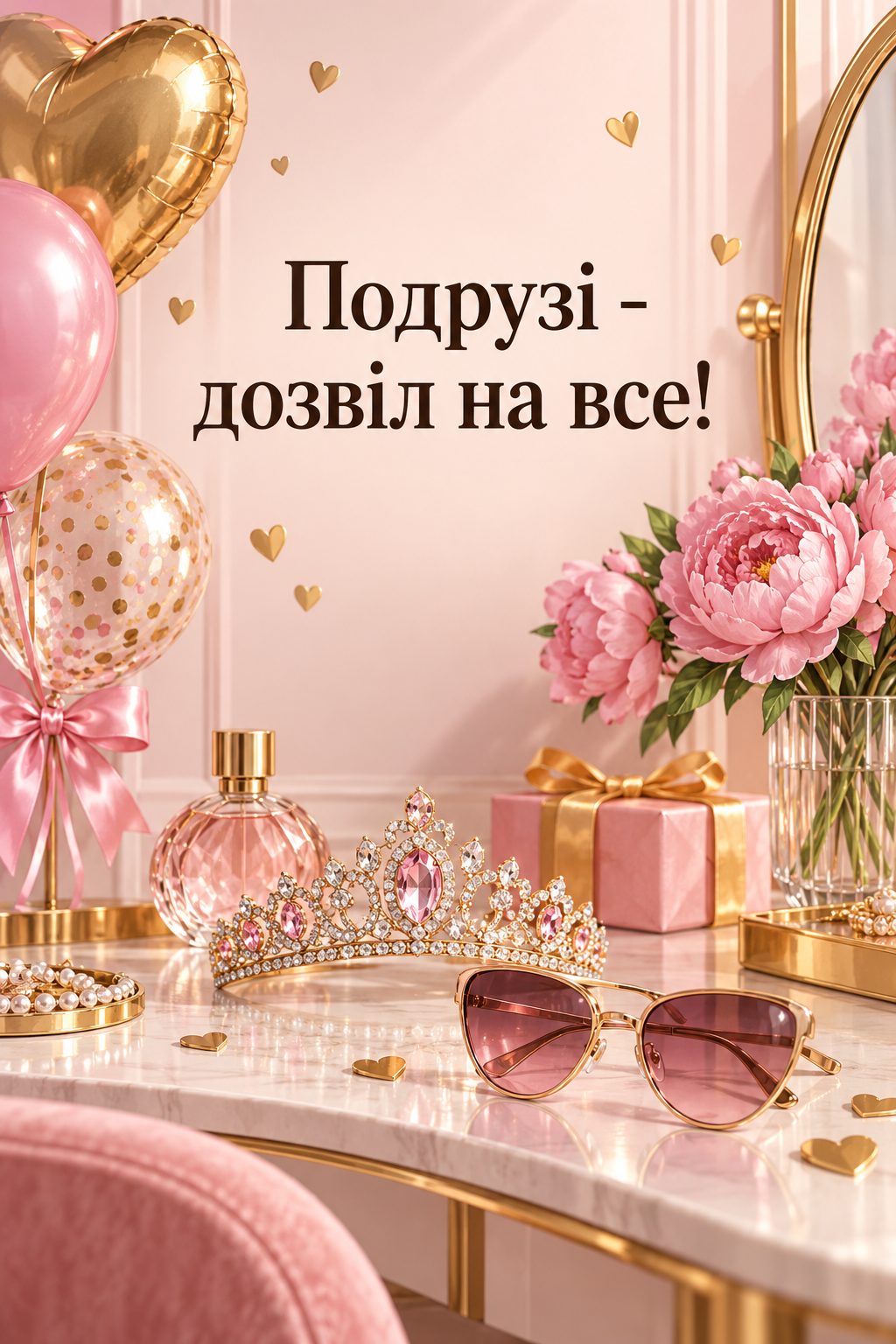 Прикольна листівка з днем народження: блискуча діадема, сонцезахисні окуляри й кульки, напис «Подрузі - дозвіл на все!»