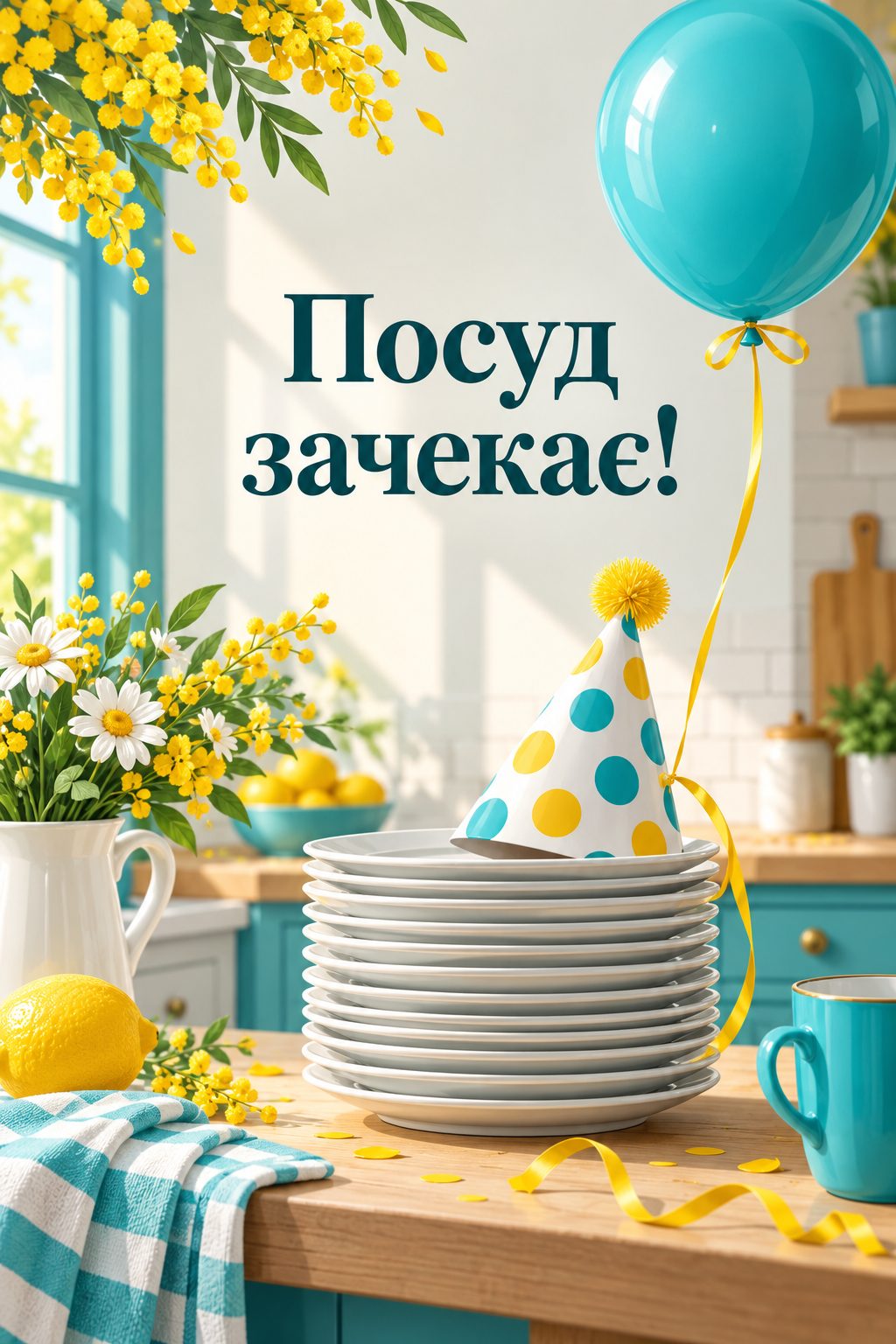 Прикольна листівка з днем народження: стос тарілок у святковому ковпачку з кулькою, напис «Посуд зачекає!»