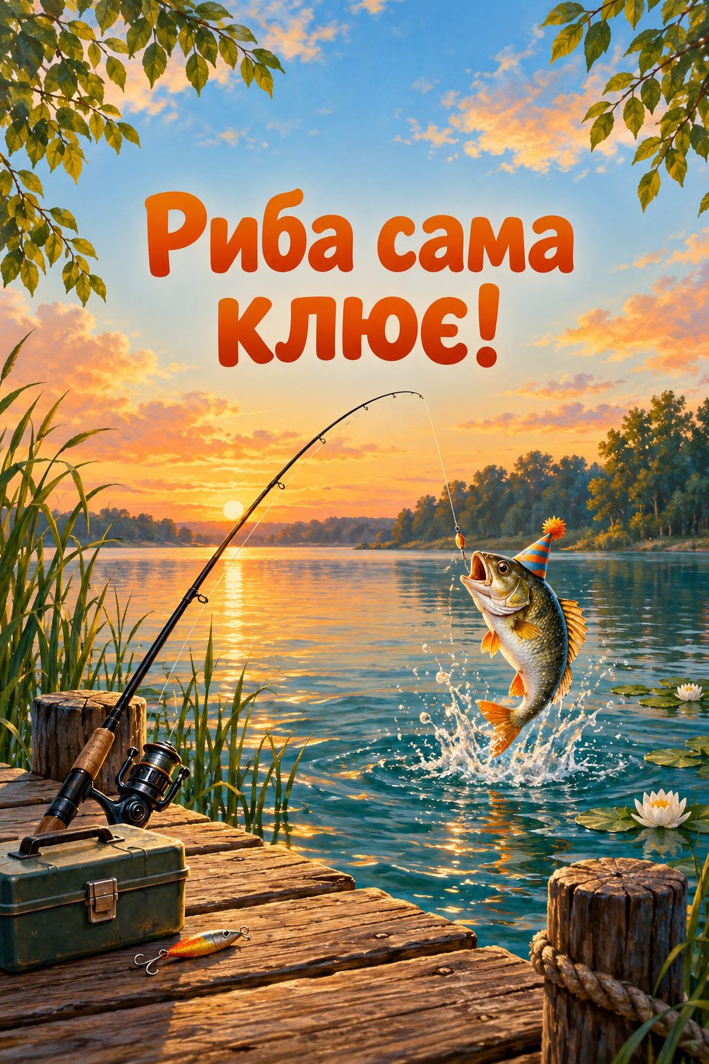 Прикольна листівка з днем народження: вудка на причалі й риба у святковому ковпачку, напис «Риба сама клює!»