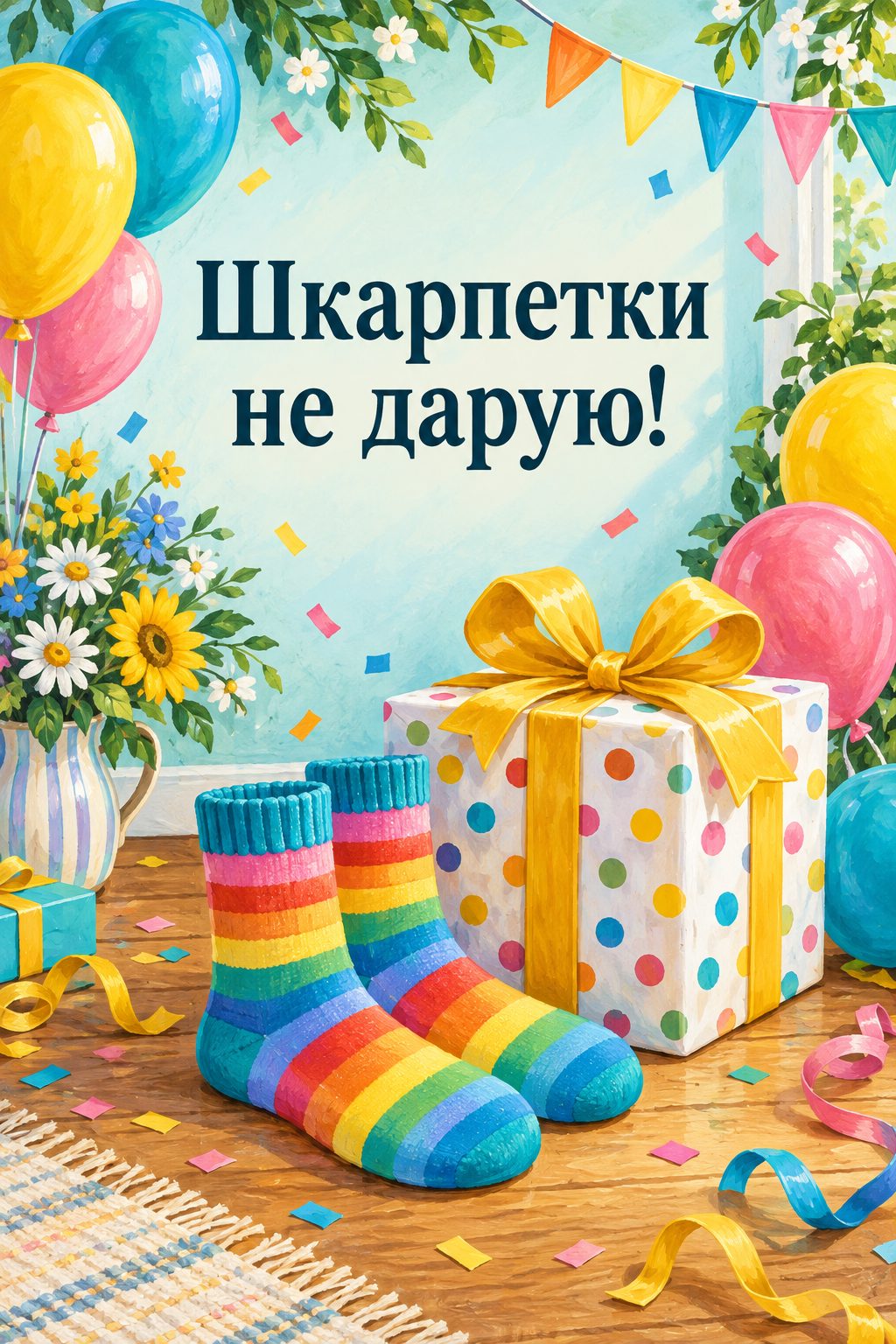Прикольна листівка з днем народження: смугасті шкарпетки поруч із великим подарунком, напис «Шкарпетки не дарую!»