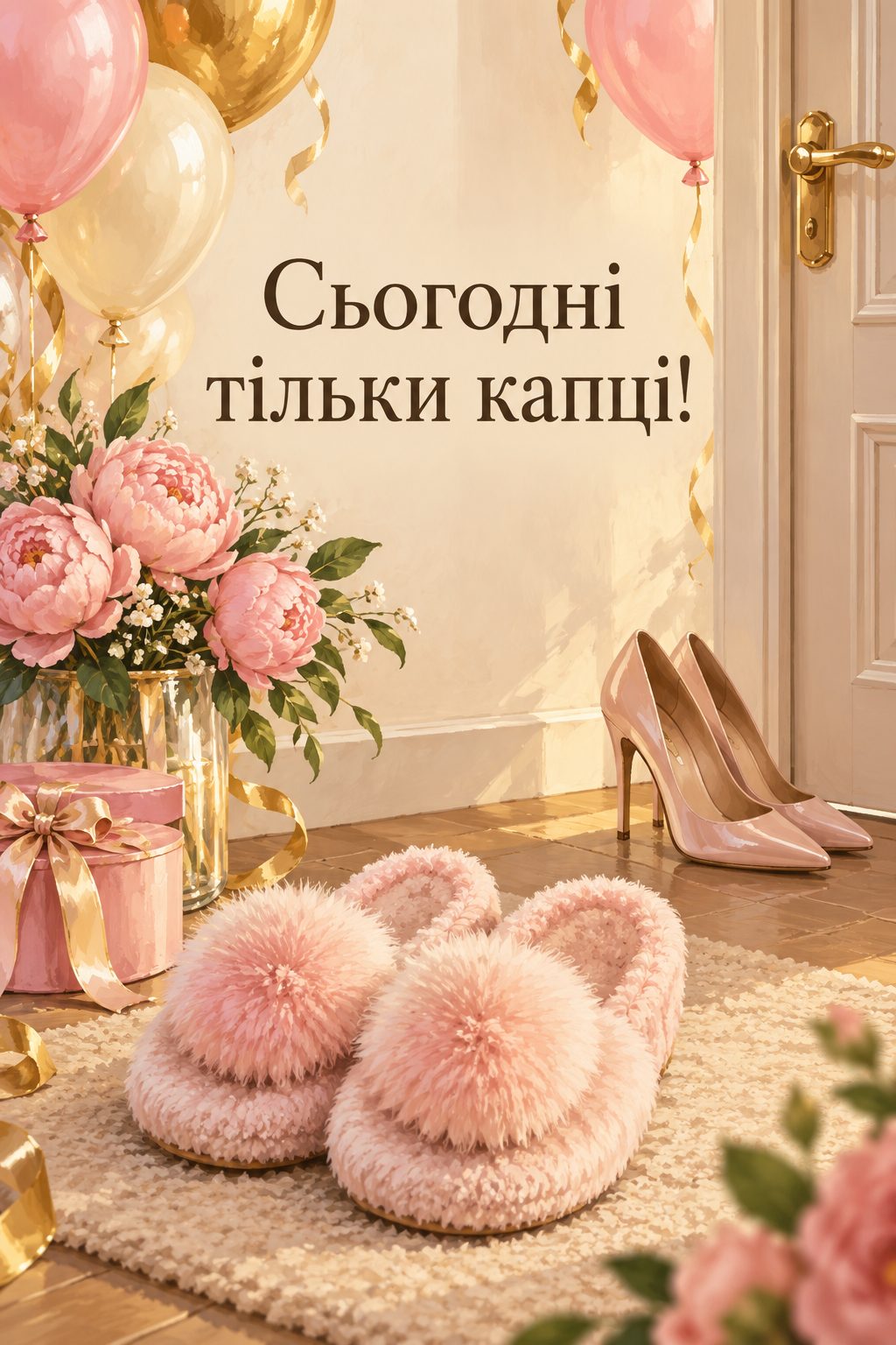Прикольна листівка з днем народження: пухнасті капці з помпонами, а туфлі на підборах відставлено, напис «Сьогодні тільки капці!»