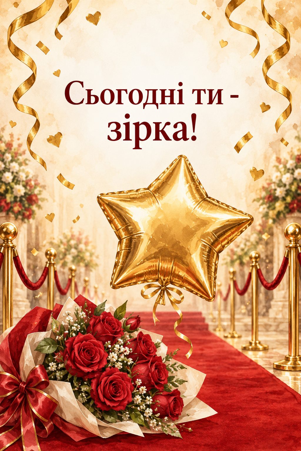 Прикольна листівка з днем народження: золота кулька-зірка над червоною доріжкою й букет троянд, напис «Сьогодні ти - зірка!»