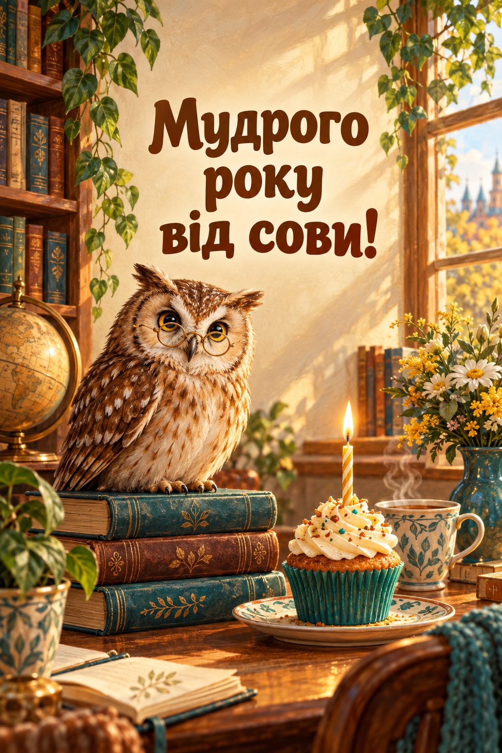 Прикольна листівка з днем народження: сова в круглих окулярах на книжках біля капкейка зі свічкою, напис «Мудрого року від сови!»