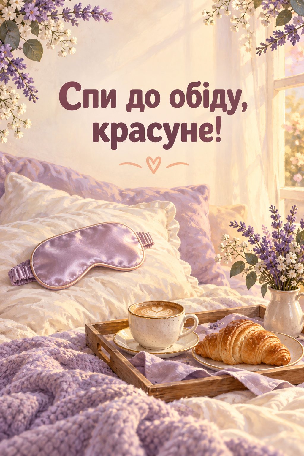 Прикольна листівка з днем народження: маска для сну на подушці й сніданок у ліжко, напис «Спи до обіду, красуне!»