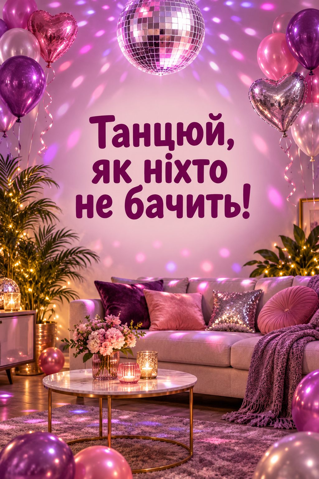 Прикольна листівка з днем народження: диско-куля й кольорові вогні у вітальні, напис «Танцюй, як ніхто не бачить!»