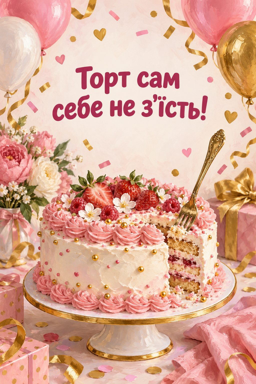 Прикольна листівка з днем народження: цілий торт із виделкою й конфеті, напис «Торт сам себе не з'їсть!»