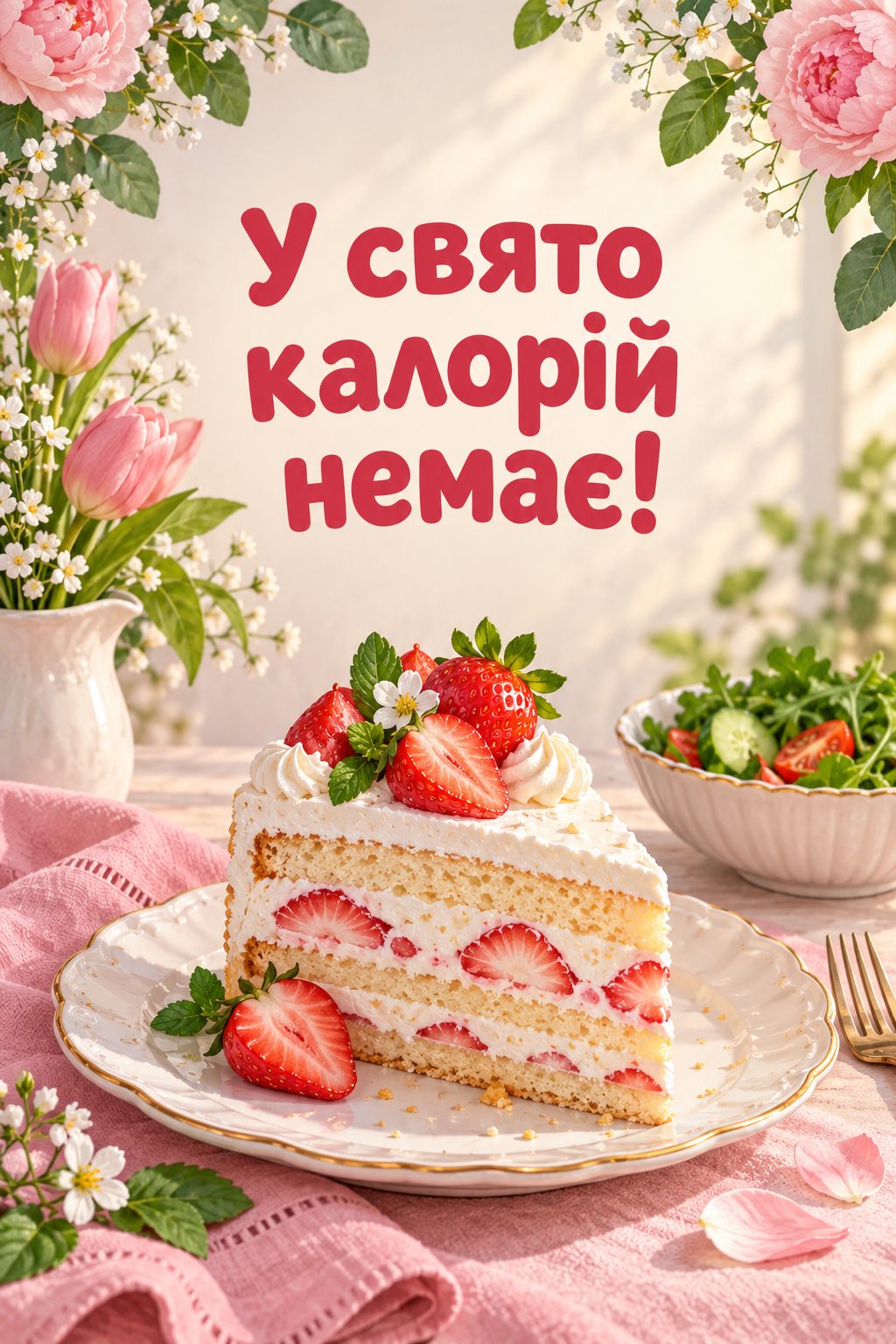 Прикольна листівка з днем народження: великий шматок торта, а салат відсунуто вбік, напис «У свято калорій немає!»